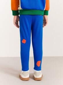 SHEIN Young Boys' Orange Geometric Pattern Green Patch Blue Knit Skinny Pants - Blue - View 2