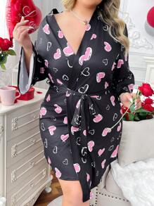 Plus Size Heart Print Side Slit Milk Silk Bathrobe - Multicolor - View 4