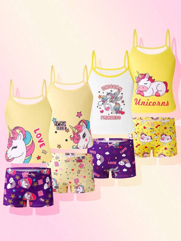 4pcs/Set Young Girl Cute Carousel & Unicorn Print Camisole And Bikini Briefs, Comfortable