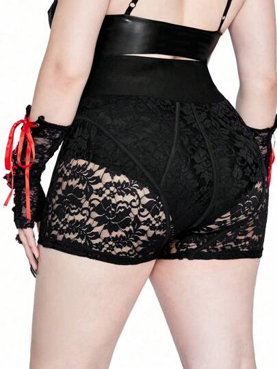 Whyspr Goth Punk Plus Size Women Lace Sheer High Waist Leggings, Fashion Fitted With Valentine's Day Elements Like Rose, Heart, Polka Dot, Love, Lip, Cupid, 102D Flower For Summer