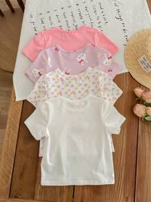 4pcs Baby Girls Cute Cartoon Striped Short Sleeve Knit Tops Set, Summer Graphic - Multicolor - View 3
