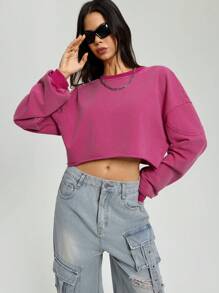 StreetHx Women's Solid Color Round Neck Loose Boxy Cropped Washed Sweatshirt Pullover Fall Sweatshirt - Hot Pink - View 7