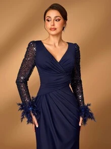 Serin Elegant Luxury Pearl & Sequin Patched Ruched Mesh Long Sleeve Mermaid Evening Formal Dress, Suitable For Wedding, Parties, Vacation, Ball, Banquet And Mother Of The Bride - Navy Blue - View 4