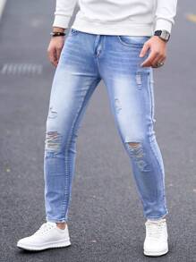 Manfinity Homme Men's Ripped Pocket Simple Skinny Jeans, Casual For Daily Wear - Light Wash - View 7