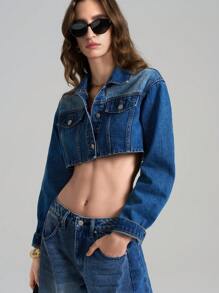 Ontre 女款2025新款前扣长袖口袋简约短款牛仔夹克，春夏女士休闲牛仔夹克