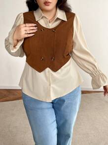 SHEIN Frenchy Plus Size Women Color Block Patchwork Fitted Cardigan, Retro College Style - Khaki - View 7
