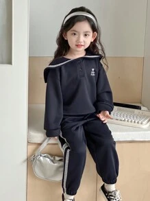 DAZY 2 件套年轻女孩字母印花水手领长袖运动衫和裤子休闲装 - 藏蓝色 - 查看 4