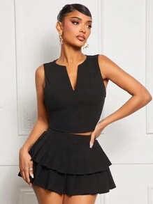 SHEIN SXY Women's Plain V-Neck Sleeveless Top And Mini Skirt 2 Pieces Set, Black Formal Set Women, Women Skirt Set, Birthday Outfit, - Black - View 3