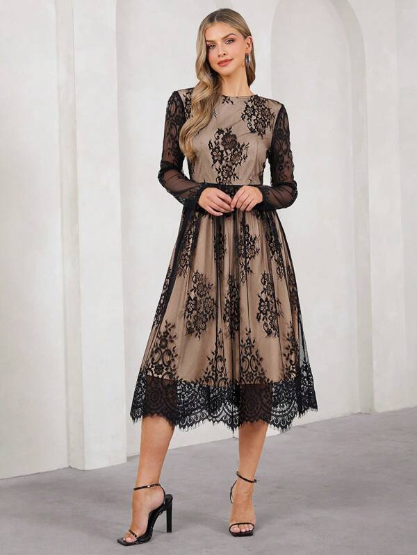 SHEIN Clasi Rochie de damă cu mânecă lungă din dantelă la jumătatea gambei, ținută elegantă de zi cu zi pentru toamnă, iarnă și primăvară