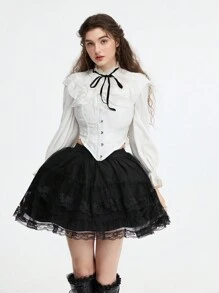 SHEIN MOD Black Tulle Lace Trim Tutu Skirt, Vintage Court Style, Elegant, For Banquet, Date, Party, Festival,New Years Women Outfit,Vacation Outfits Woman,Goth,Beach Outfits For Woman,Valentine's Day Clothes