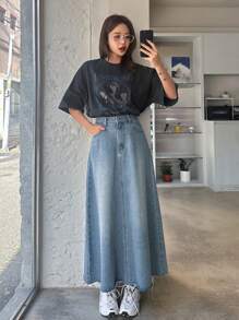DAZY Women's Casual Washed Frayed Hem Denim Skirt