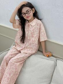 Dazy Kids Set 2 buc. pijama pentru fete, mărime mare, cu guler Peter Pan, bluză țesută cu mânecă scurtă + pantaloni țesuți cu imprimeu, primăvară/vară
