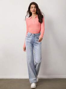 SHEIN BASICS 休闲纯色 Polo 领长袖 T 恤，秋季 - 粉色 - 查看 5