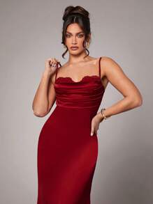 Silquee Women's Simple Elegant Party Solid Color High Quality Satin Spaghetti Strap Maxi Dress With Contrasting Lace, Suitable For Cocktail Parties, Romantic Dates, Formal Parties, Weddings, Bridesmaid Dresses, Evening Dresses, Daily Commute, Valentine's Day, Valentine's Day, Valentine's Day Dress , Girls Valentines Outfit, Burgundy Red Dress