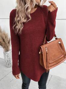 SHEIN LUNE Raglan Sleeve Knot Side Jumper - Burgundy - View 6