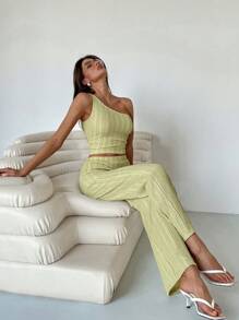 SHEIN Essnce 2pcs Women Blouse With Asymmetrical Neck Strap & Pants Set, Minimalist Style - Yellow - View 3