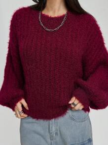 StreetHx Blusa casual de cuello redondo de unicolor y manga larga para mujer, suéter de punto para uso diario en otoño e invierno - Burdeos - Ver 2