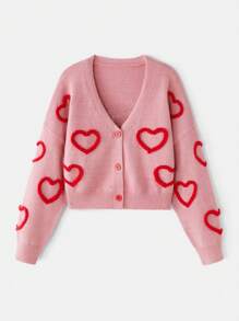 心形装饰撞色前开可爱针织开衫，秋冬毛衣，情人节 - 粉色 - 查看 1
