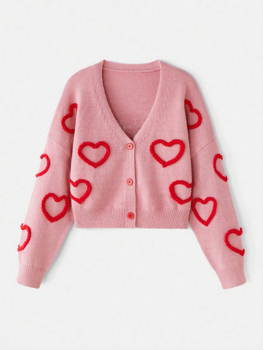 心形装饰撞色前开可爱针织开衫，秋冬毛衣，情人节 - 粉色 - 查看 1