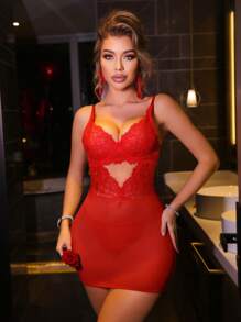 2 件套女士情人节蕾丝网眼性感内衣套装带钢圈 - 紅色 - 查看 3