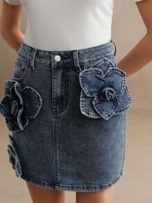 Anewsta Fashionable Floral Decorated Denim Skirt, Women Spring/Summer Outfits, Suitable For Valentine's Day