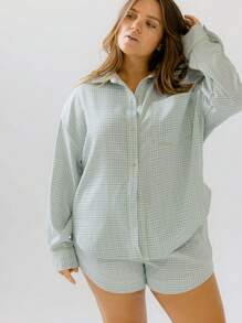 Aralina Curve Light Green Button-Front Gingham Boyfrieend Shirt And Shorts Set - Green - View 5