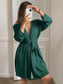 DAZY Minimalist Solid Color Knitted Robe With Tie Belt, Waist Cinching Loungewear