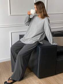 DAZY 2pcs/Set Women Loose Solid Color Long Sleeve Home Wear Set, Spring - Grey - View 5