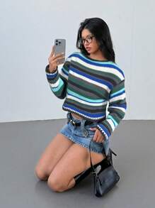 SHEIN SXY 春秋休闲拼色条纹短款毛衣 - 綠色 - 查看 3