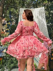 Flirla 大码女式浪漫碎花雪纺连衣裙，荷叶边领，双层蝴蝶结印花，适合度假、派对、返校 - 彩色 - 查看 2