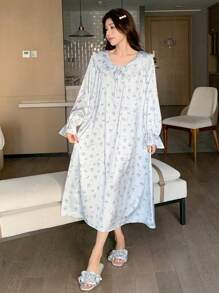 DAZY Cartoon All-Over Print Loose Fit Round Neck Long Sleeve Women Nightdress Pajama - Beige - View 4