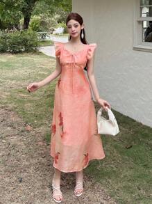 DAZY Women V-Neck Floral Drawstring Waist Cap Sleeve Mid-Length Dress - Pink - View 8