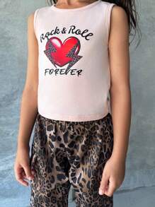 2pcs Sisters Matching Set: Heart Letter Print Tank Top + Leopard Print Cargo Pants, Suitable For School, Traveling And All Seasons - Multicolor - View 4