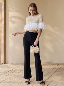 MOTF PREMIUM SEQUIN CONTRAST FAUX FEATHER CROP TOP - Multicolor - View 6