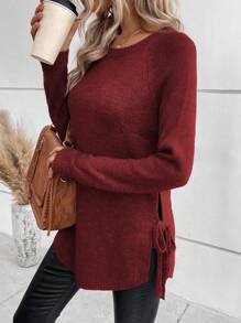 SHEIN LUNE Raglan Sleeve Knot Side Jumper - Burgundy - View 5