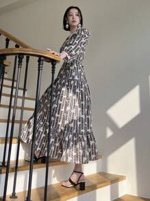 DAZY Damen V-Ausschnitt All-Over Blumenprint lässige Taille 3/4 Ärmel Wadenlänge Urlaubsstrand Kleid, Frühling/Sommer