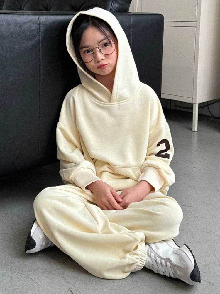 2pcs/Set Tween Girl Knit Hoodie With Numeric Print + Knit Sweatpants, Spring Tween Girl Set,Back To School Clothes