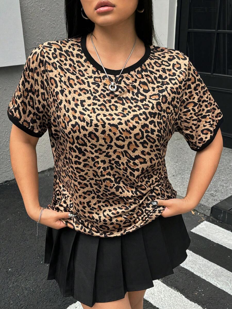 SHEIN EZwear 大码女式豹纹修身圆领 T 恤，夏季 - 摩卡棕 - 查看 1