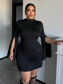 SHEIN Essnce Vestido midi de manga larga y hombros descubiertos con corte ceñido en talla grande, para primavera/verano