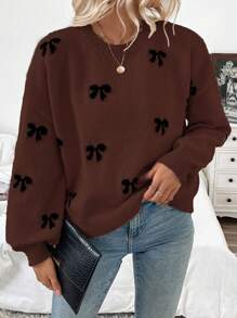 SHEIN Unity Sweater Pullover Kasual Motif Pita Lucu dan Modis Warna Cokelat Tua untuk Musim Gugur/Dingin 2023, Cocok untuk Tahun Baru, Sekolah, dan Musim Gugur, Cocok untuk Blogger Eropa & Amerika. - Rust Brown - View 6