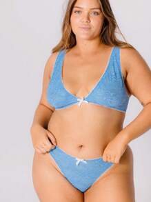 Aralina 加大码曲线蓝色蕾丝白色对比色蝴蝶结细节三角形假日贴身套装内衣 - 藍色 - 查看 8