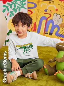 2pcs Young Boys Dinosaur Print Crew Neck Sweatshirt & Cargo Sweatpants Set - White - View 1