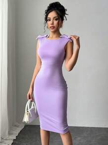 Chiquease Women's Solid Color Round Neck Bowknot Decor Bodycon Sleeveless Elegant Purple Dress