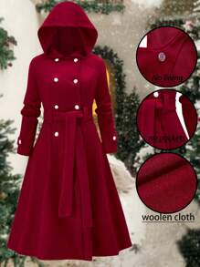 SHEIN Clasi Plus Size Women Solid Simple Double-Breasted Hooded Overcoat For Autumn & Winter, Christmas Clothes