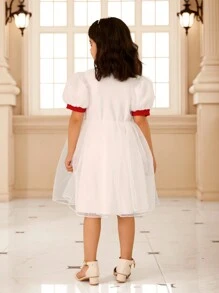 Young Girl Solid Color Patchwork Front Button Simple Casual Short Sleeve Dress - White - View 2
