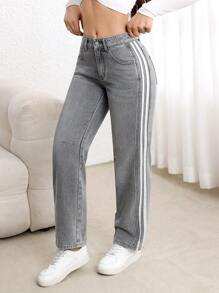 SHEIN Essnce Quần ống côn denim chắp vá màu trơn có túi cài nút phía trước dành cho nữ - Xám - Xem 7