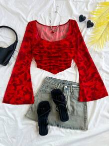 Soleia Women's Vacation Knit Mesh Red Cutout Floral Print Square Neck Long Flare Sleeve Fitted Cute T-Shirt, Suitable For Party, Valentine's Day, Date, Chinese New Year, Carnival, Easter, Afternoon Tea