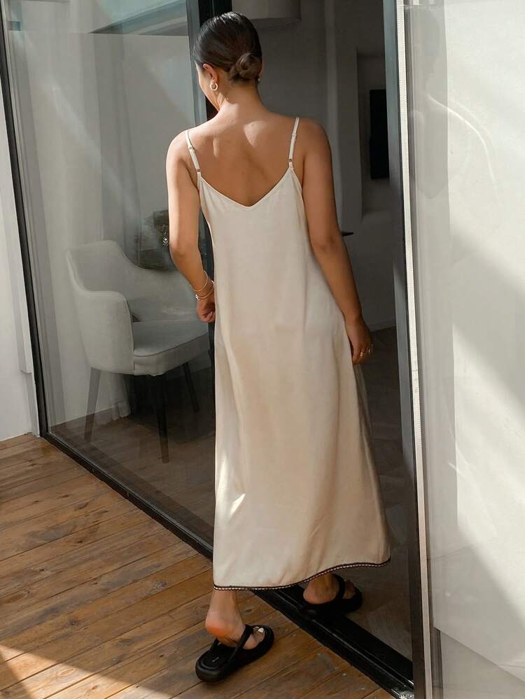 Satin Patchwork Contrast Color Lace Camisole Long Nightgown Pajama