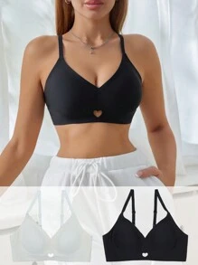 2 Pcs Women Solid Color Spaghetti Strap Hollow Out Lace Bra Set, Comfortable Lingerie - Multicolor - View 1