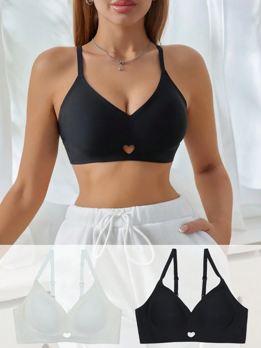 2 Pcs Women Solid Color Spaghetti Strap Hollow Out Lace Bra Set, Comfortable Lingerie - Multicolor - View 1